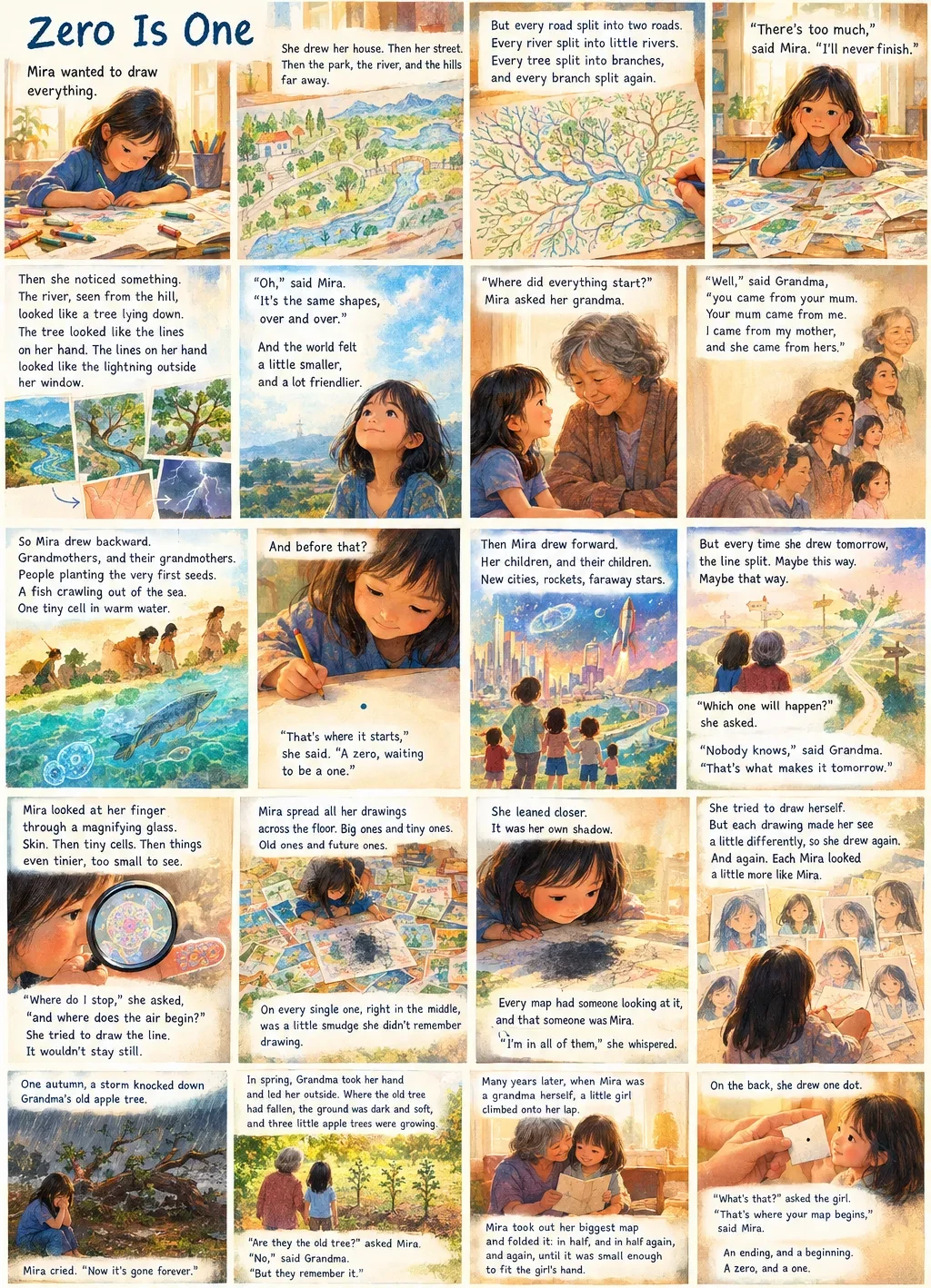 Zero Is One, the picture version: 24 illustrated panels following Mira from her first drawing to the single dot she gives her granddaughter